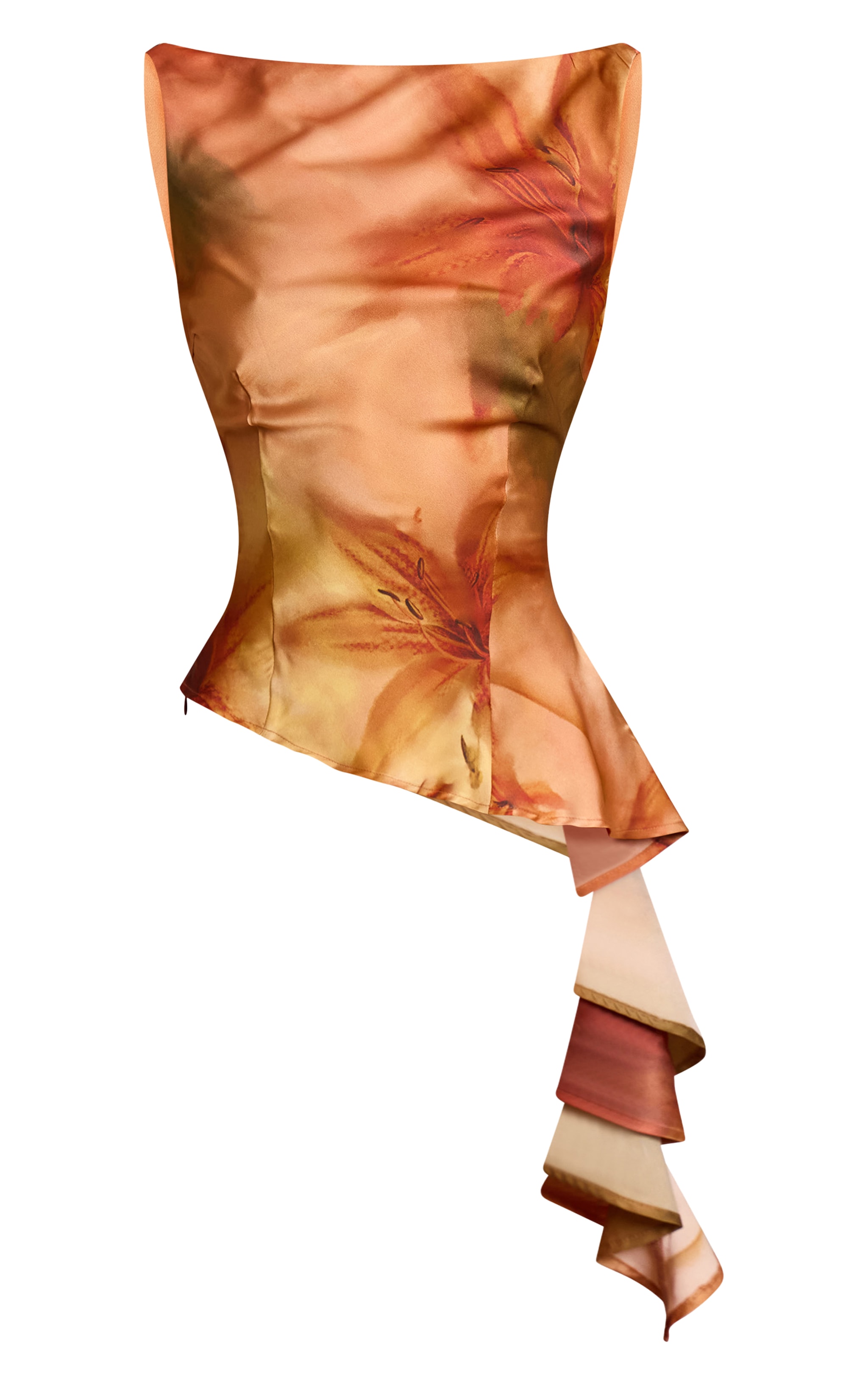 Burnt Orange Printed Satin Cowl Back Asymmetric Ruffle Top image 5