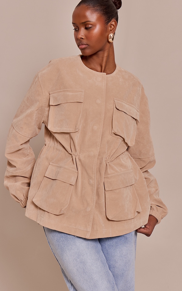 Sand Structured Faux Suede Pocket Detail Adjustable Waist Jacket