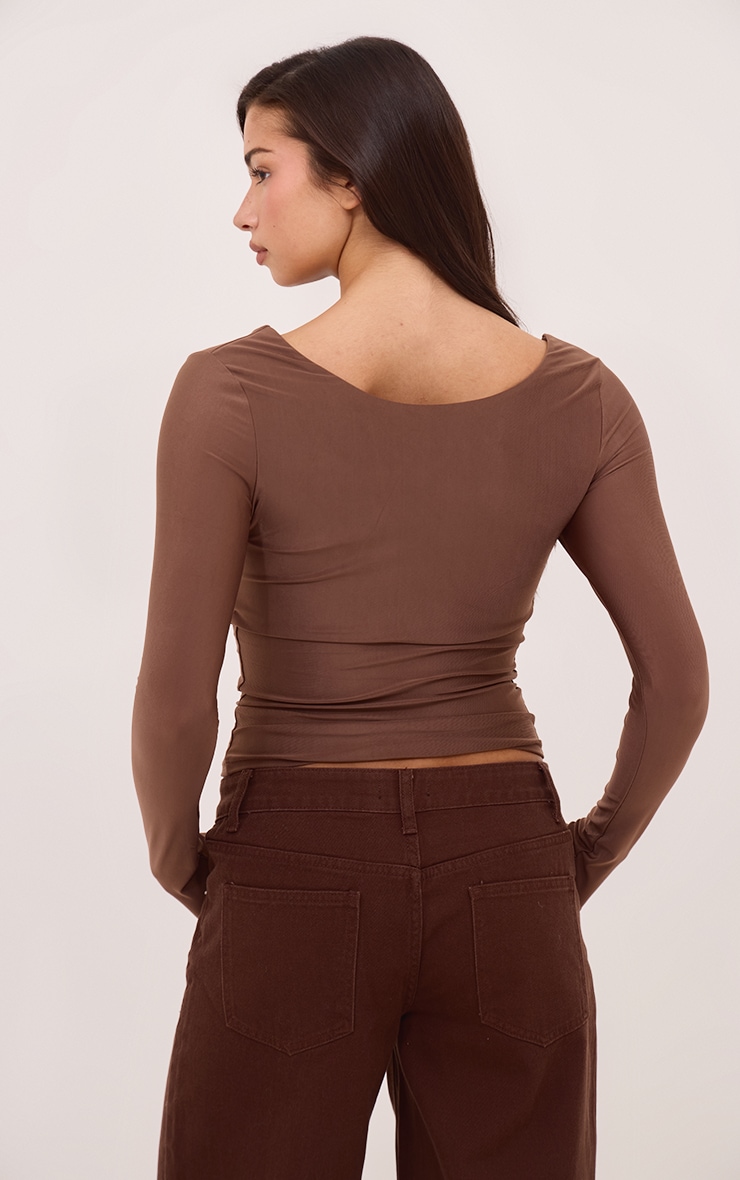 Espresso Polyamide Scoop Neck Long Sleeve Top image 2