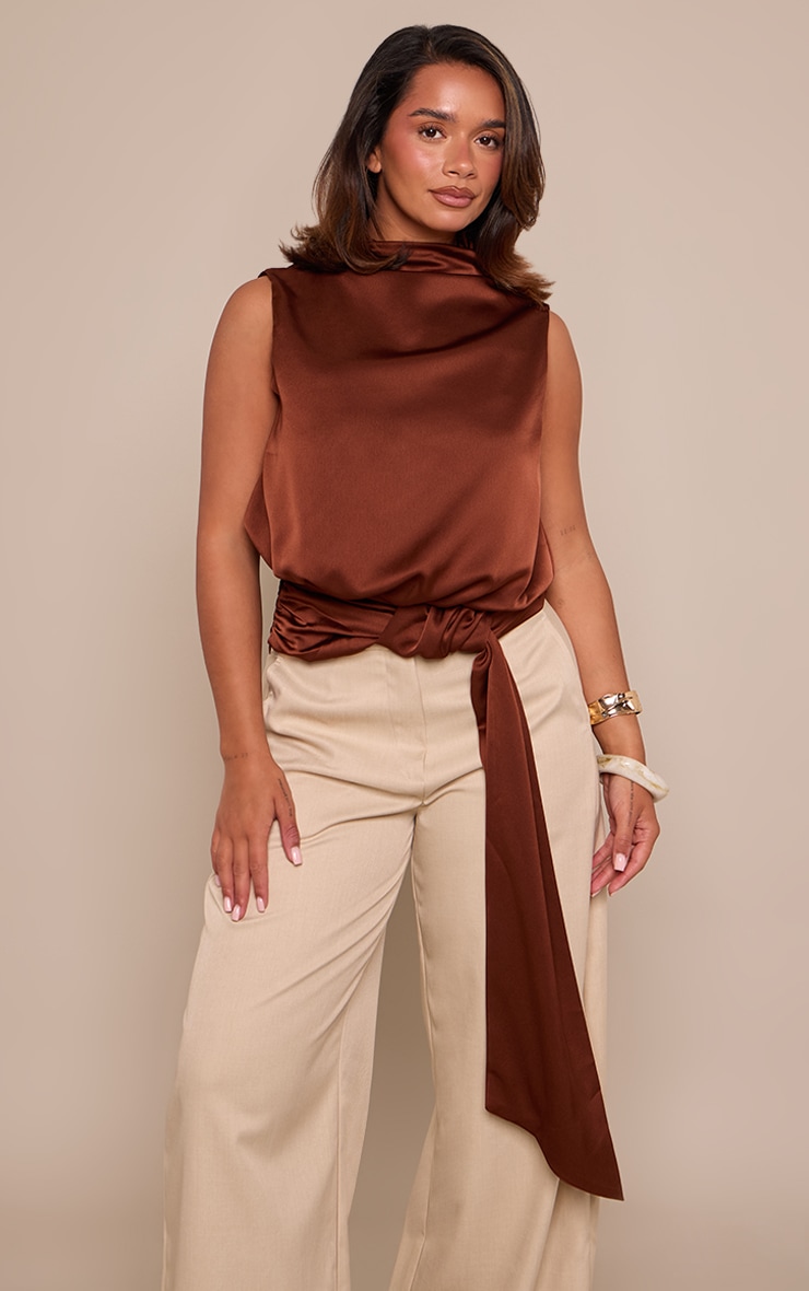 Chocolate Satin High Neck Drape Detail Top