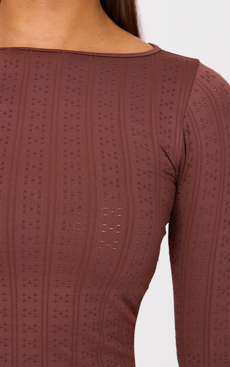 Brown Contour Pointelle Detail Boatneck Long Sleeve Top image 4