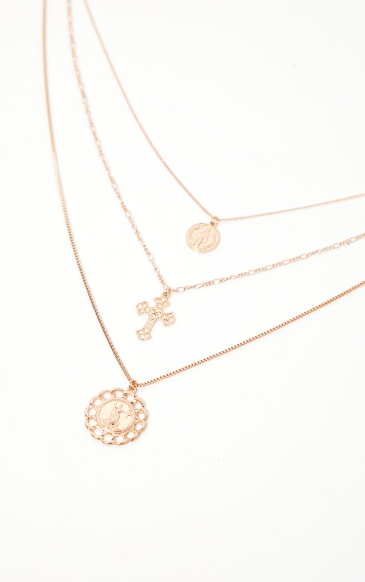 Gold Coin Cross And Chain Disc Multi-Layer Necklace