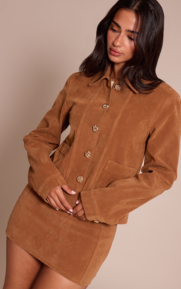 Petite Tan Suede Button Up Boxy Jacket image 1