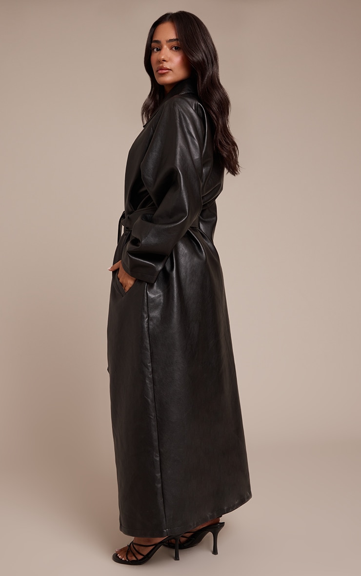 Petite Black Faux Leather Maxi Belted Trench Coat image 2