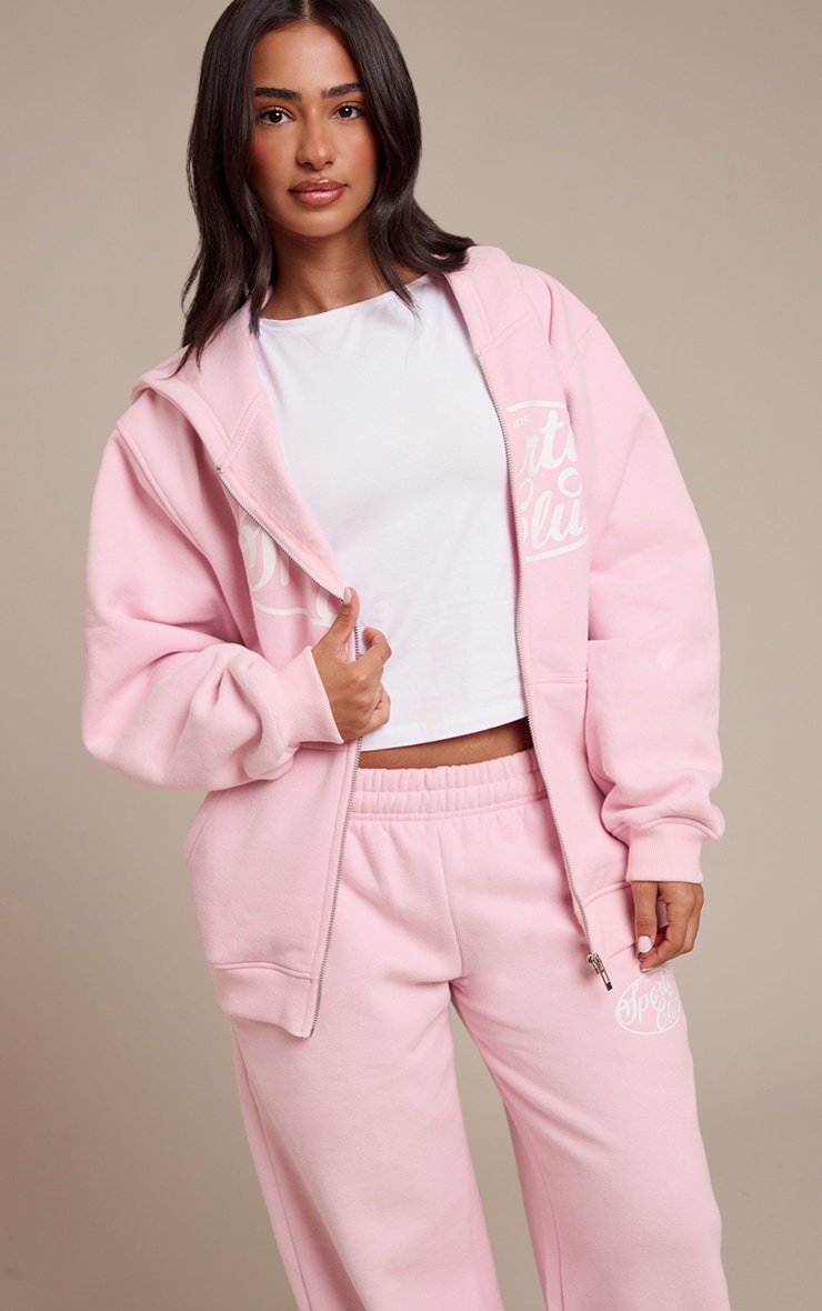 Petite Baby Pink Sports Club Cotton Fleece Full Zip Hoodie