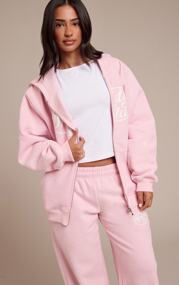 Petite Hoodie oversize en coton polaire rose tendre imprimé "Sports Club" à zip