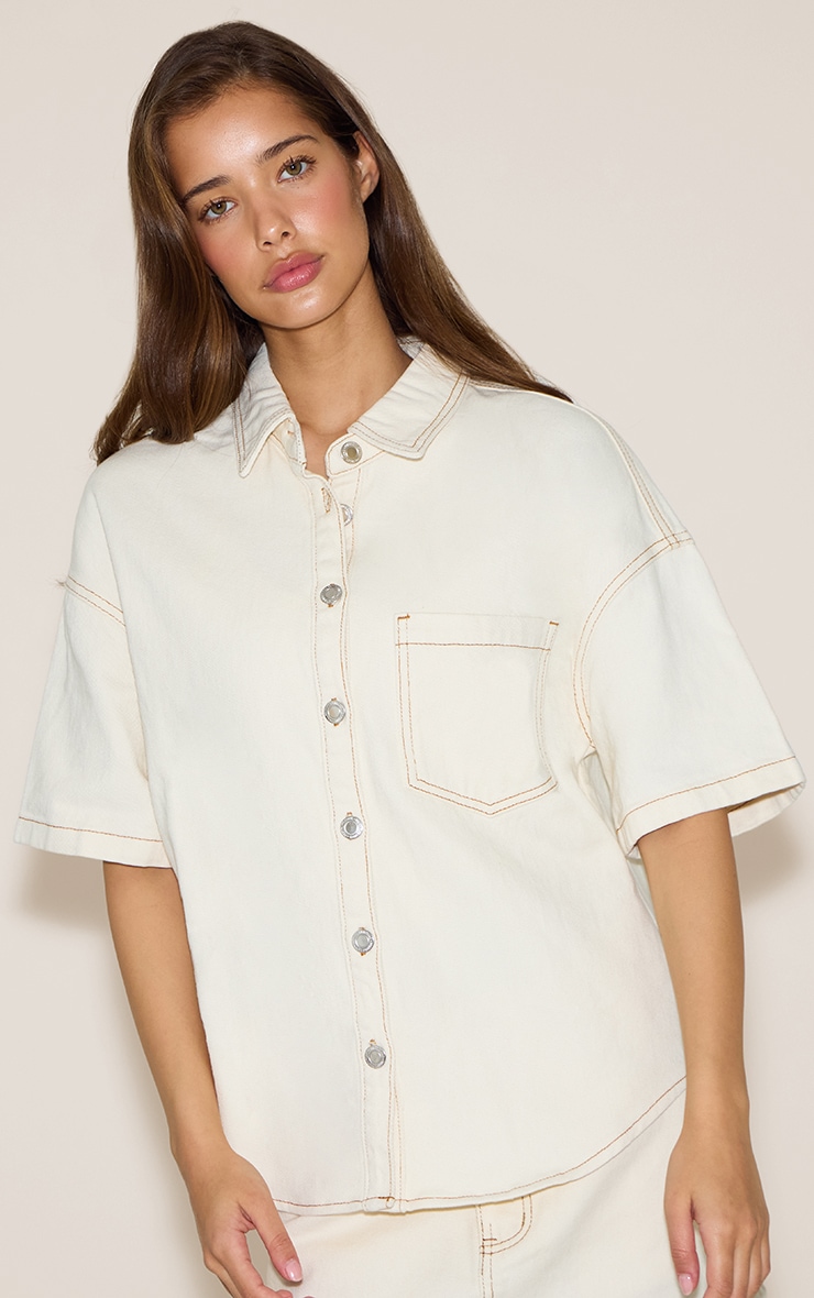 Ecru Short Sleeved Boxy Style Denim Shirt image 1