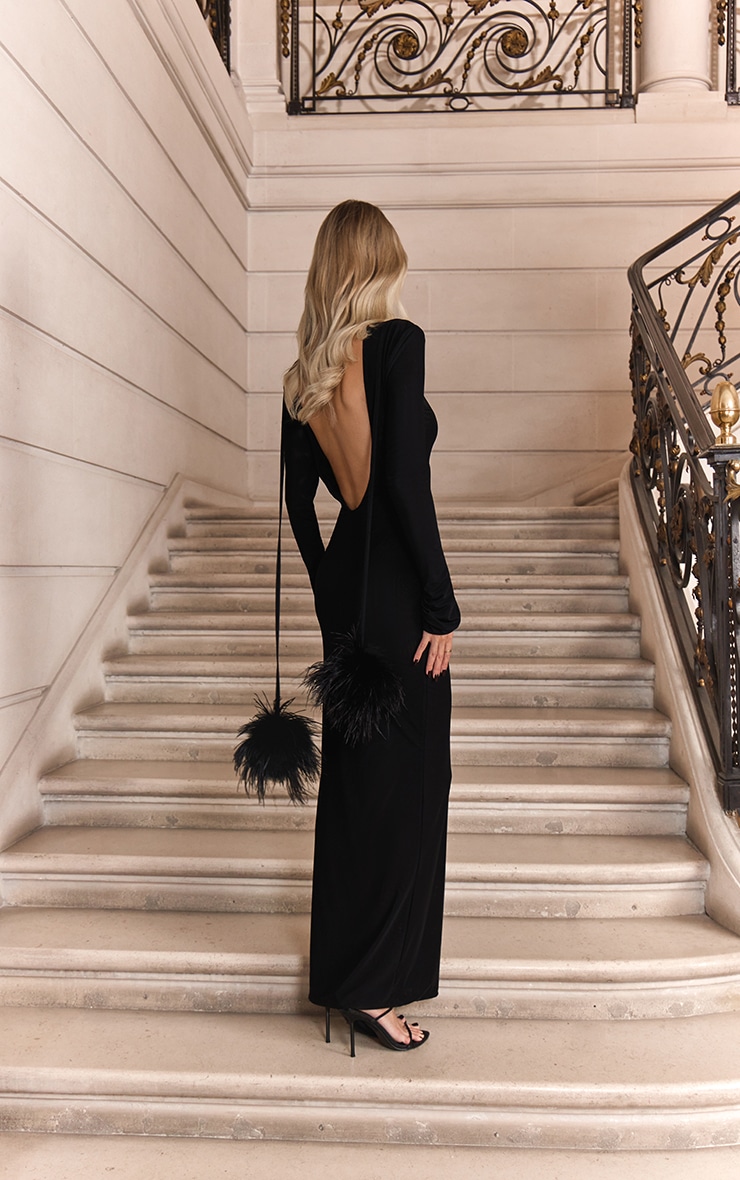 Premium Black Mesh Feather Pom Pom Open Back Maxi Dress image 2