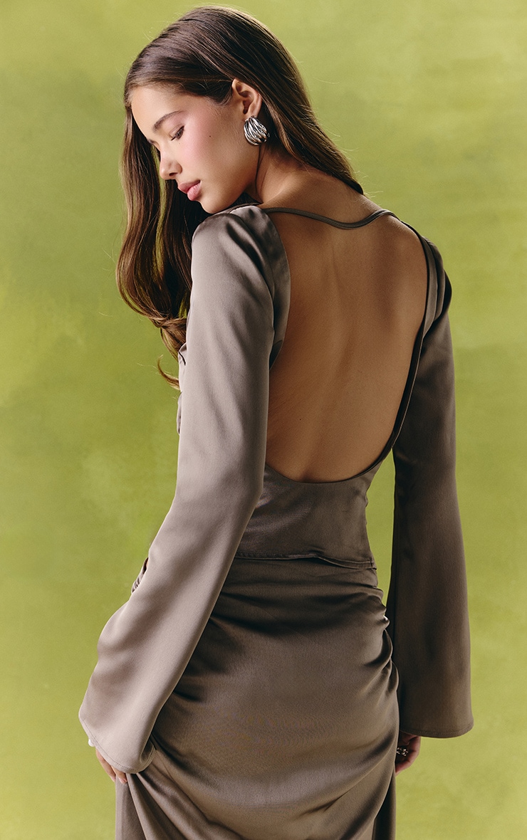 Slate Grey Satin Open Back Long Sleeve Top image 2