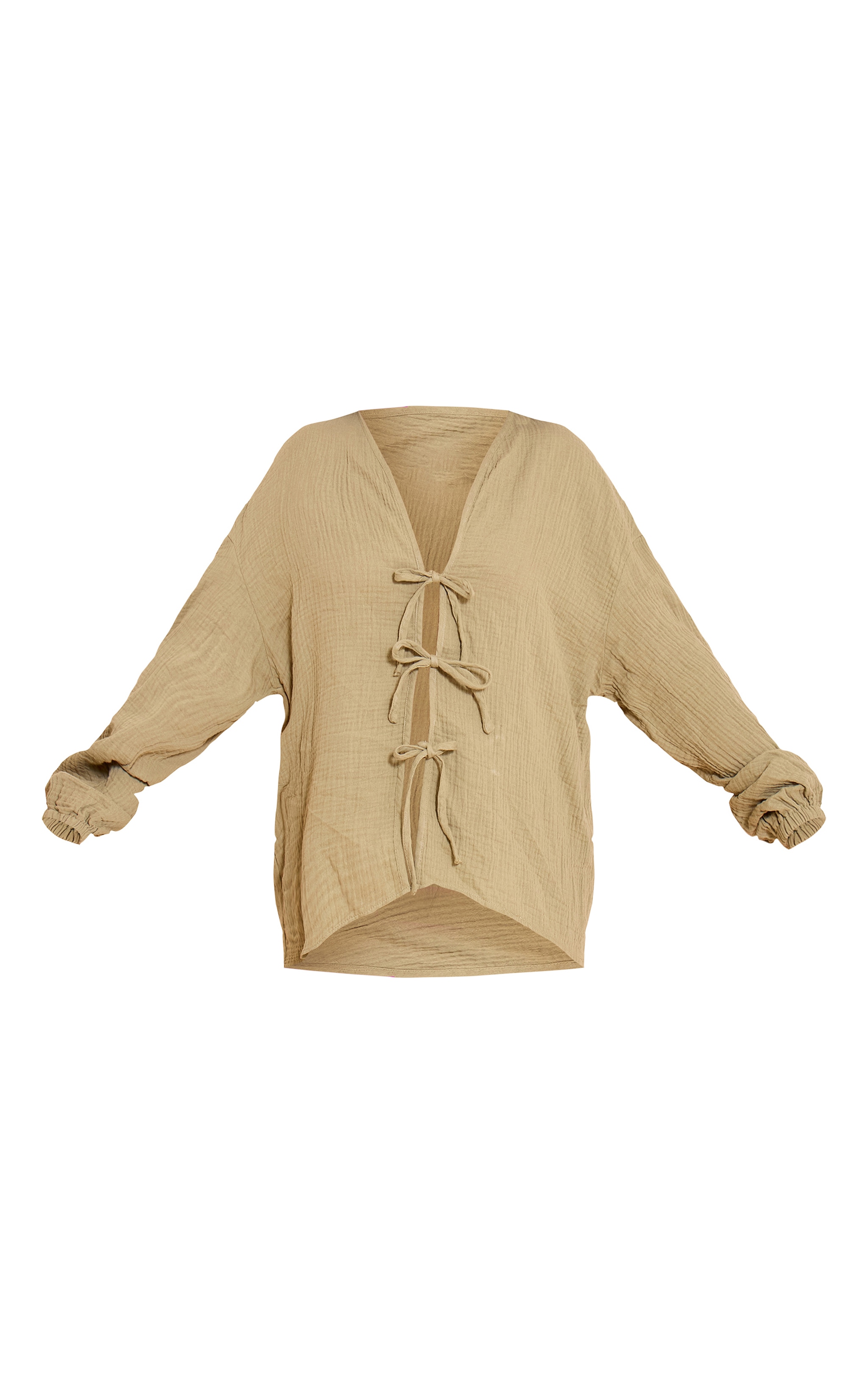 Khaki Cheesecloth Textured Tie Front Shirt image 5