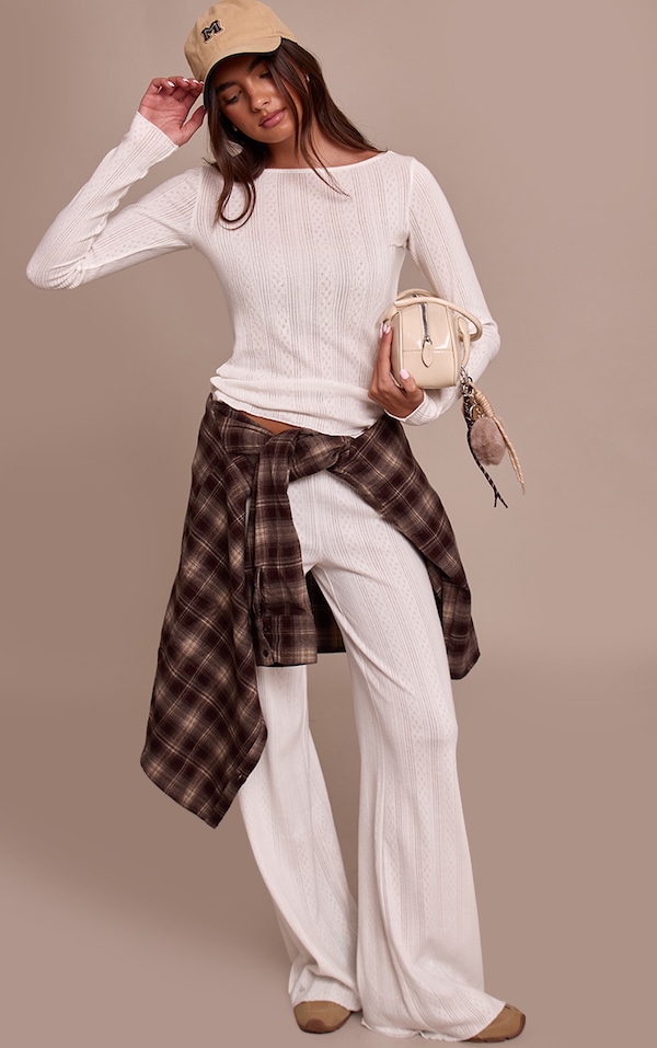 Cream Pointelle Wide Leg Pants