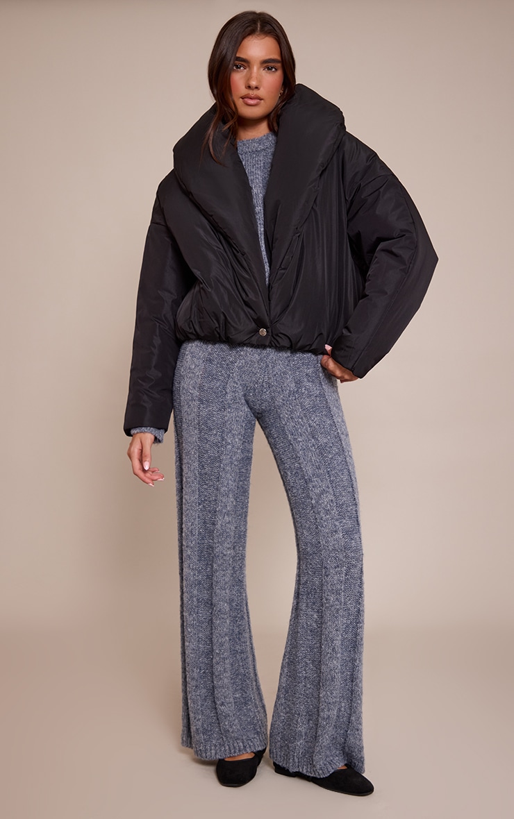 Black Exaggerated Collar Shell Puffer Jacket image 3