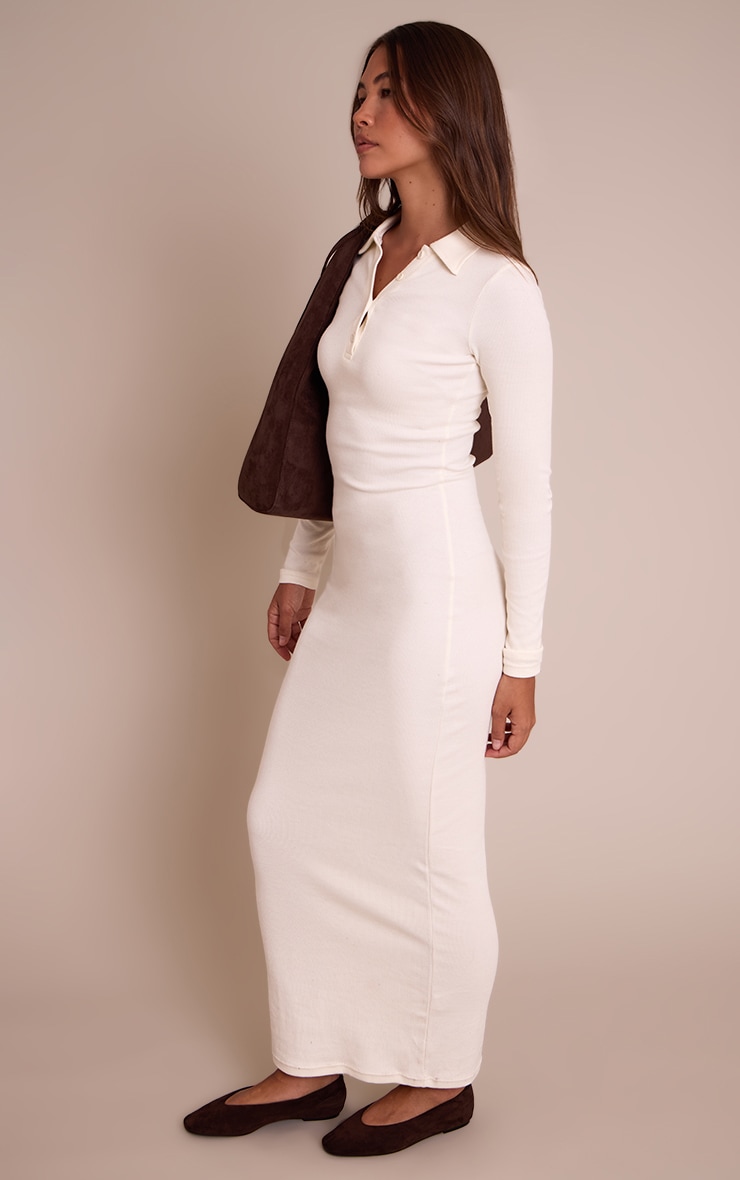 Cream Ribbed Button Down Collar Detail Long Sleeve Maxi Dress image 3
