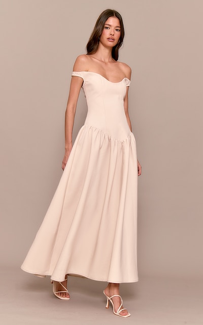 Cream Woven Dipped Bardot Ruched Midaxi Dress