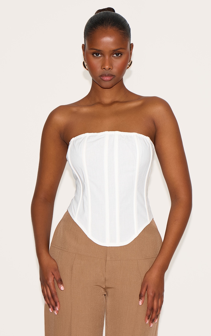 White Linen Blend Boned Corset image 1