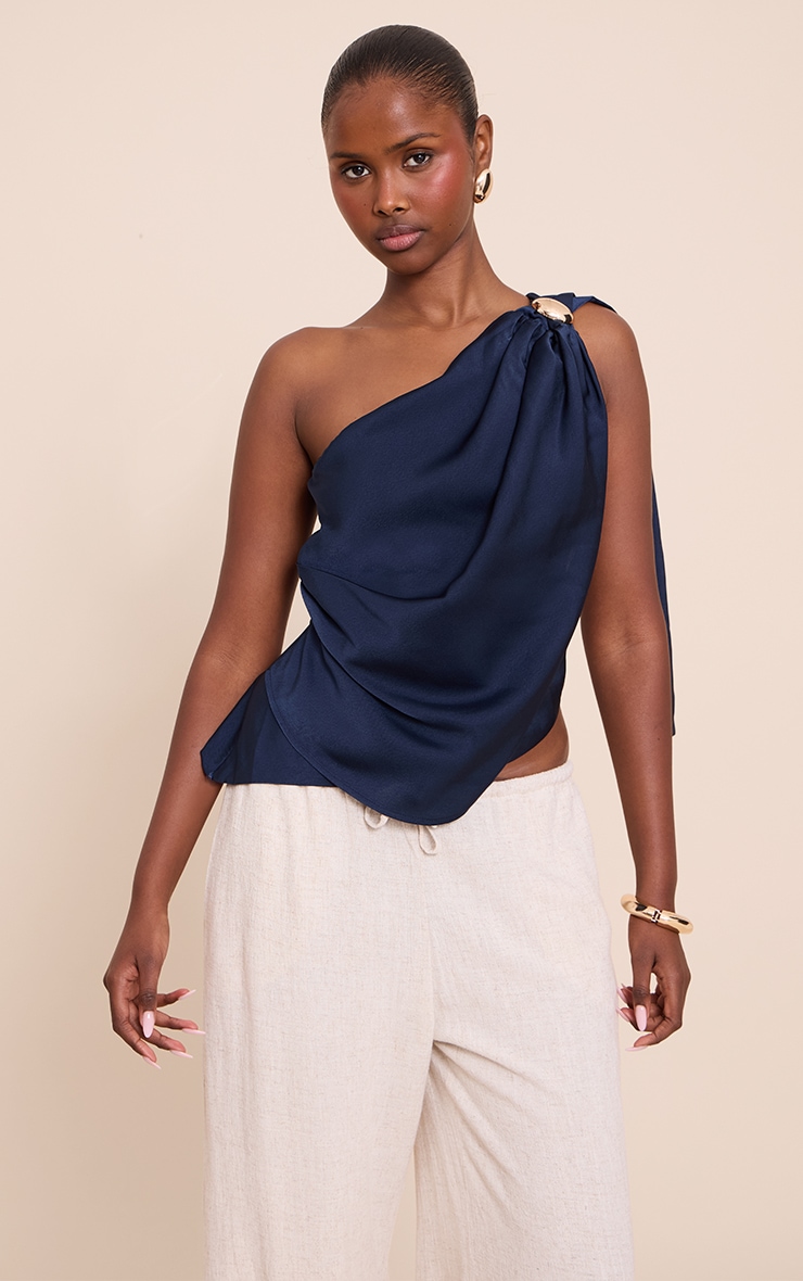 Navy Satin Drape Trim Detail Top image 1