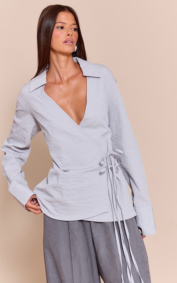 Light Blue Textured Wrap Tie Shirt