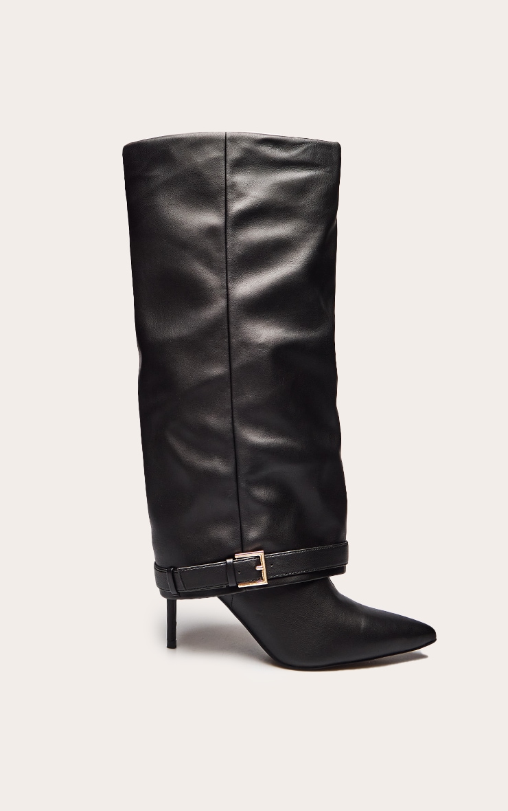 Black Fold Over Buckle Detail Knee High Heeled Boot image 2