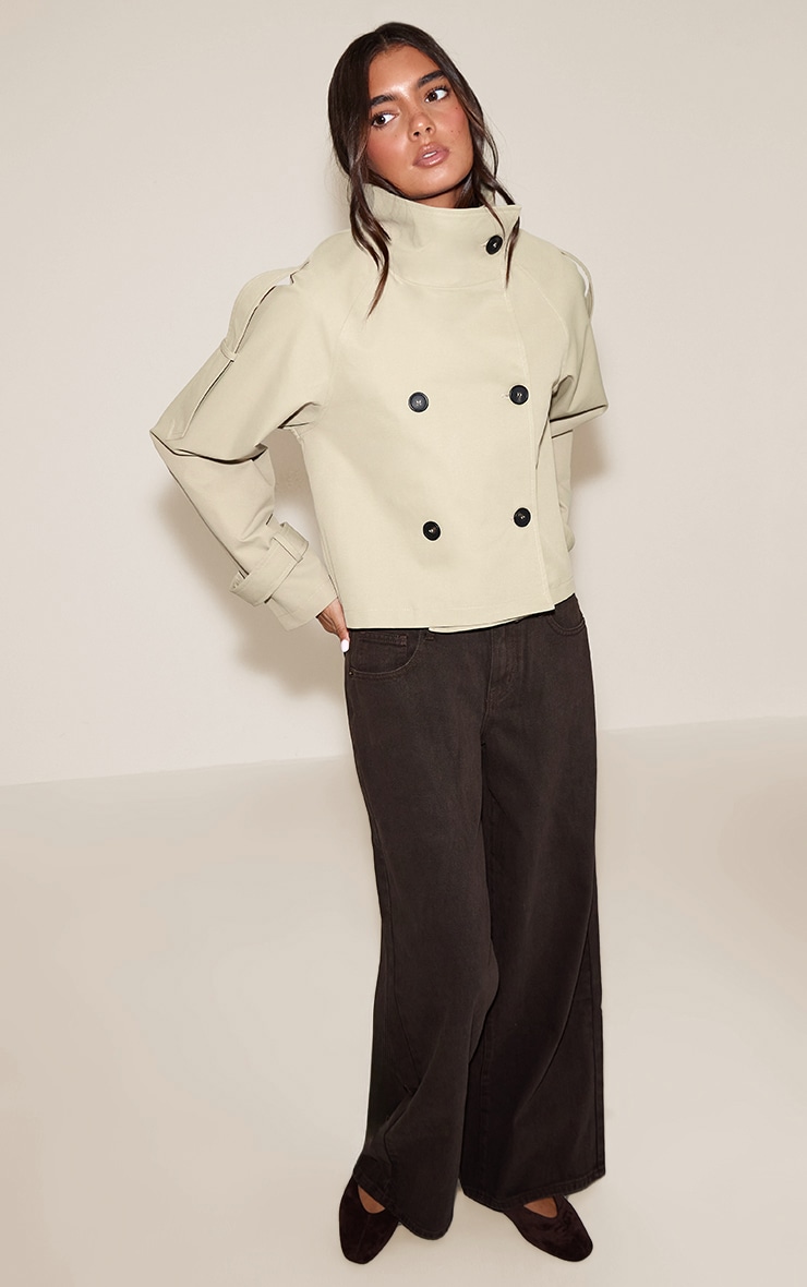Beige Double Breasted Funnel Neck Cropped Trench Coat image 3