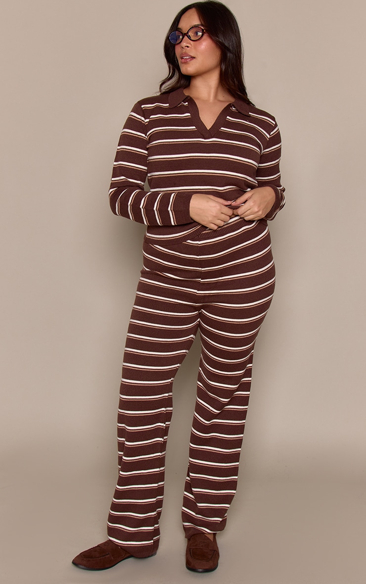 Plus Chocolate Striped Compact Knit Wide Leg Trouser