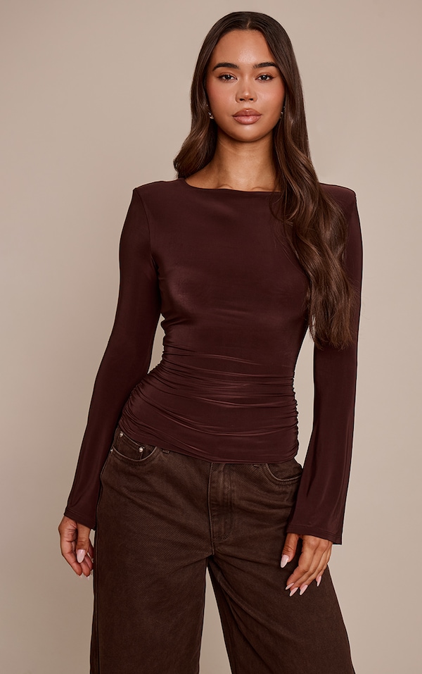 Chocolate Double Layer Slinky Shoulder Detail Long Sleeve Top
