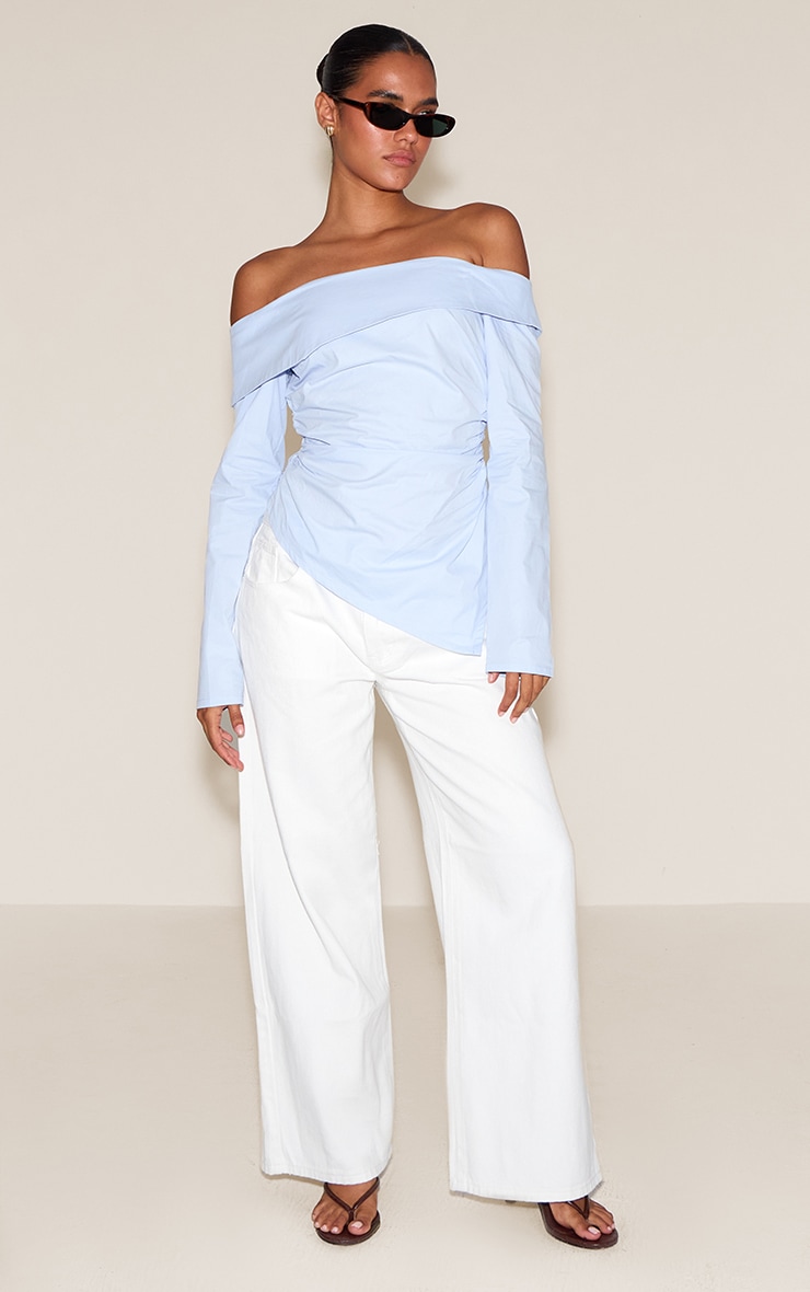 Sky Blue Cotton Ruched Asymmetric Hem Bardot Top image 3