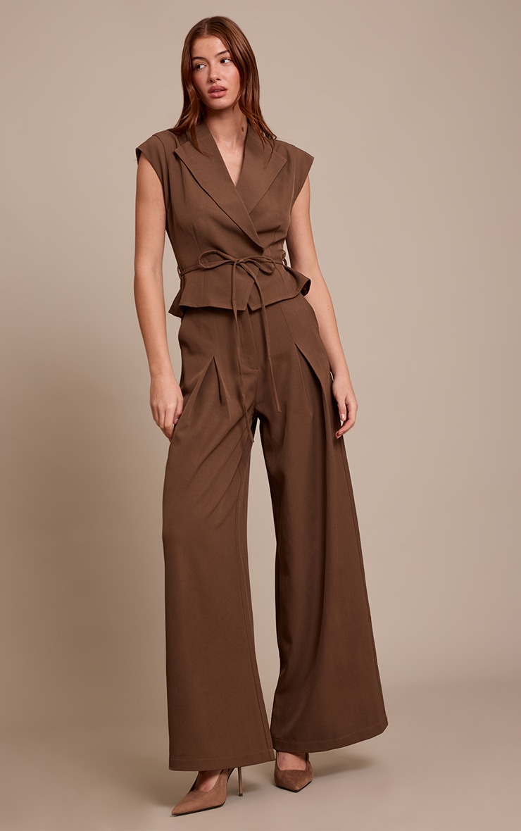 Chocolate Tailored Woven Tie Waist Wide Leg Jumpsuit image 1