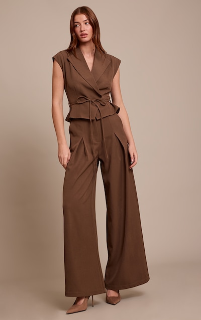 Chocolate Tailored Woven Tie Waist Wide Leg Jumpsuit