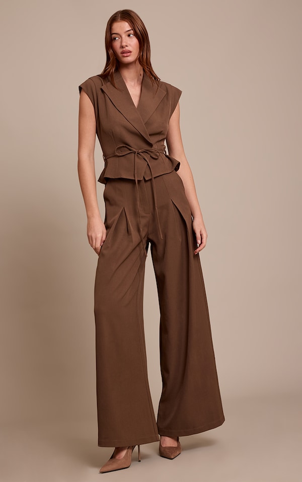 Chocolate Tailored Woven Tie Waist Wide Leg Jumpsuit