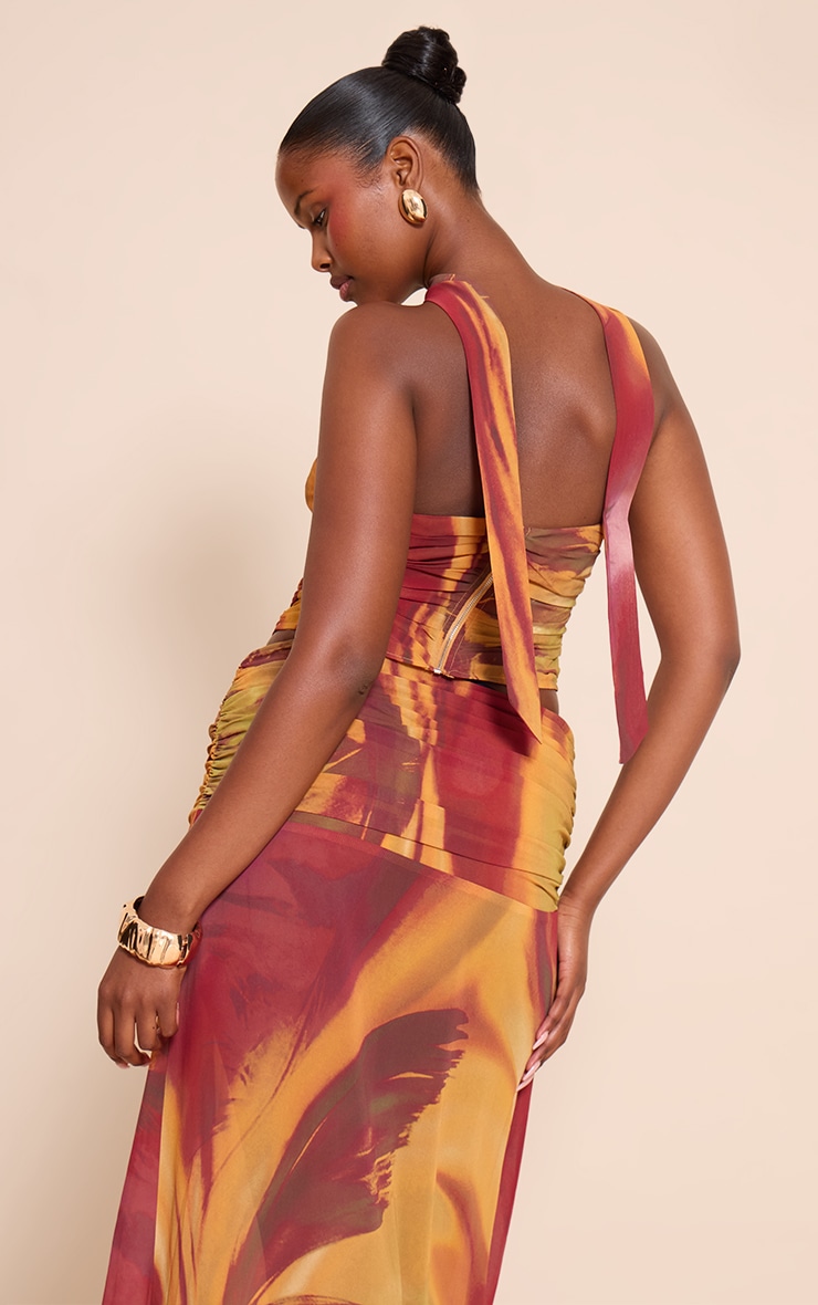 Multi Abstract Printed Chiffon Scarf Detail Ruched Bandeau Top image 2