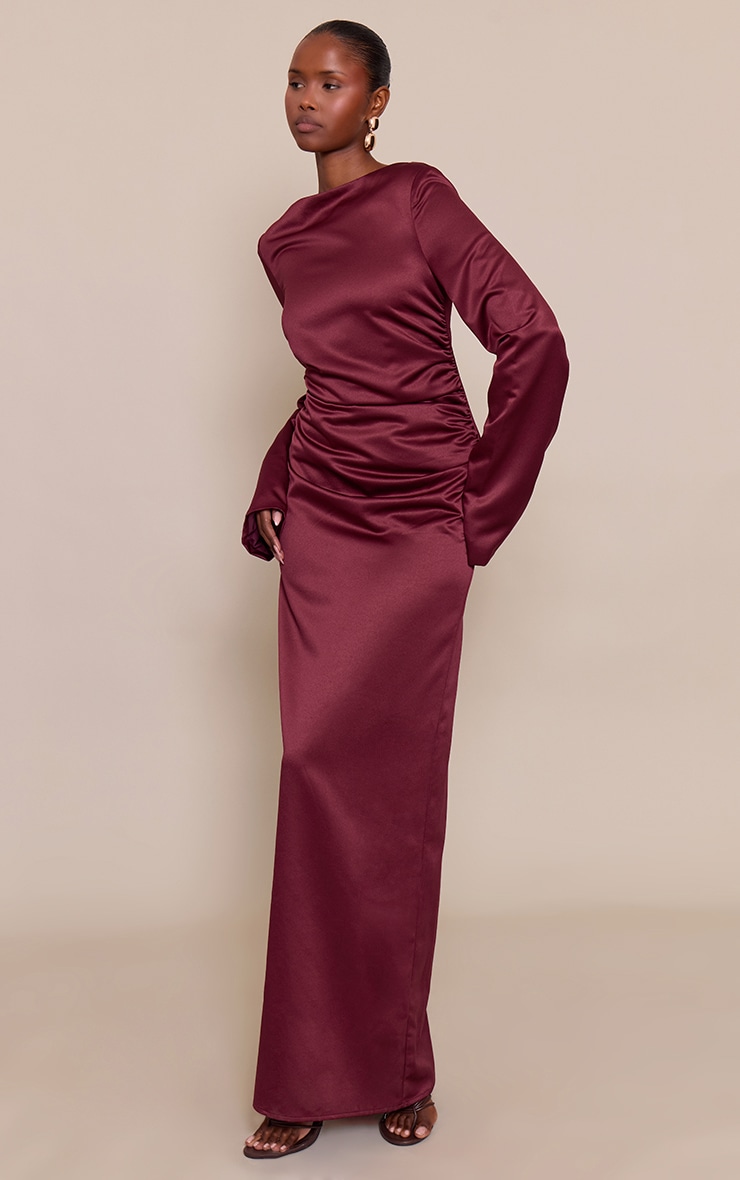 Wine Satin High Neck Flared Sleeve Maxi Dress image 3
