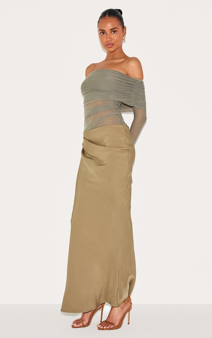 Olive Satin Mesh Detail Bardot Maxi Dress image 3
