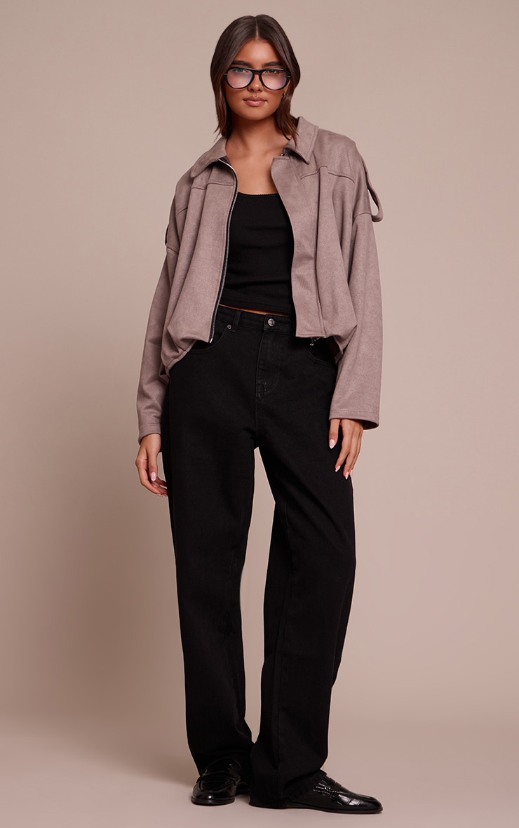 Taupe Zip Through Faux Suede Bomber Jacket image 3