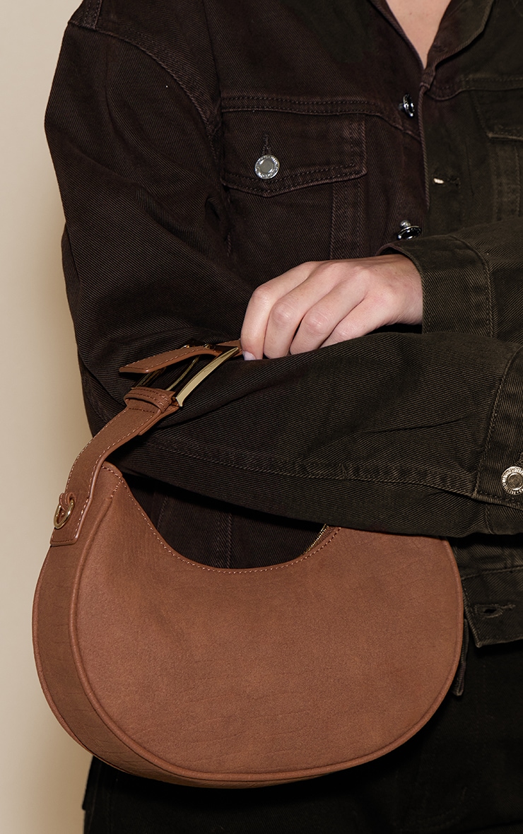 Tan Faux Suede Croc Crescent Shoulder Bag image 1