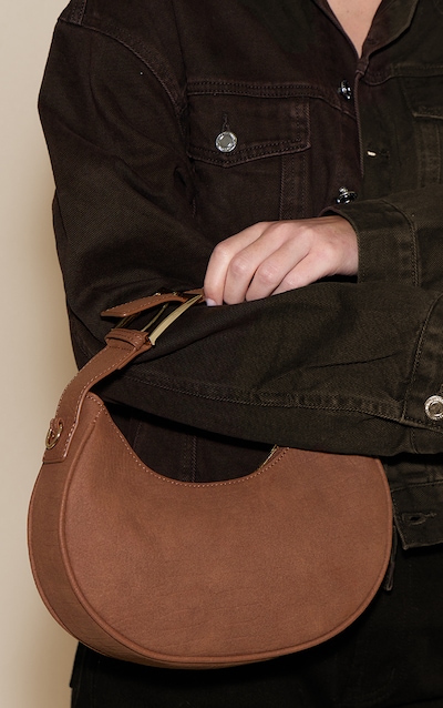 Sac à main en suédine marron clair effet croco en demi-lune