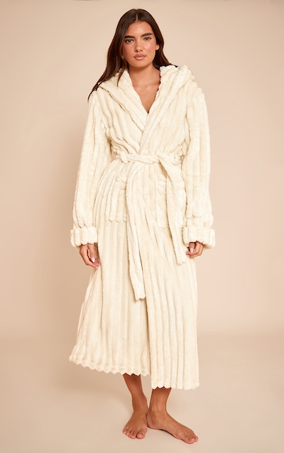 Peignoir en polaire crème à capuche et lisérés contrastants