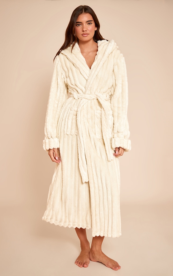 Peignoir en polaire crème à capuche et lisérés contrastants