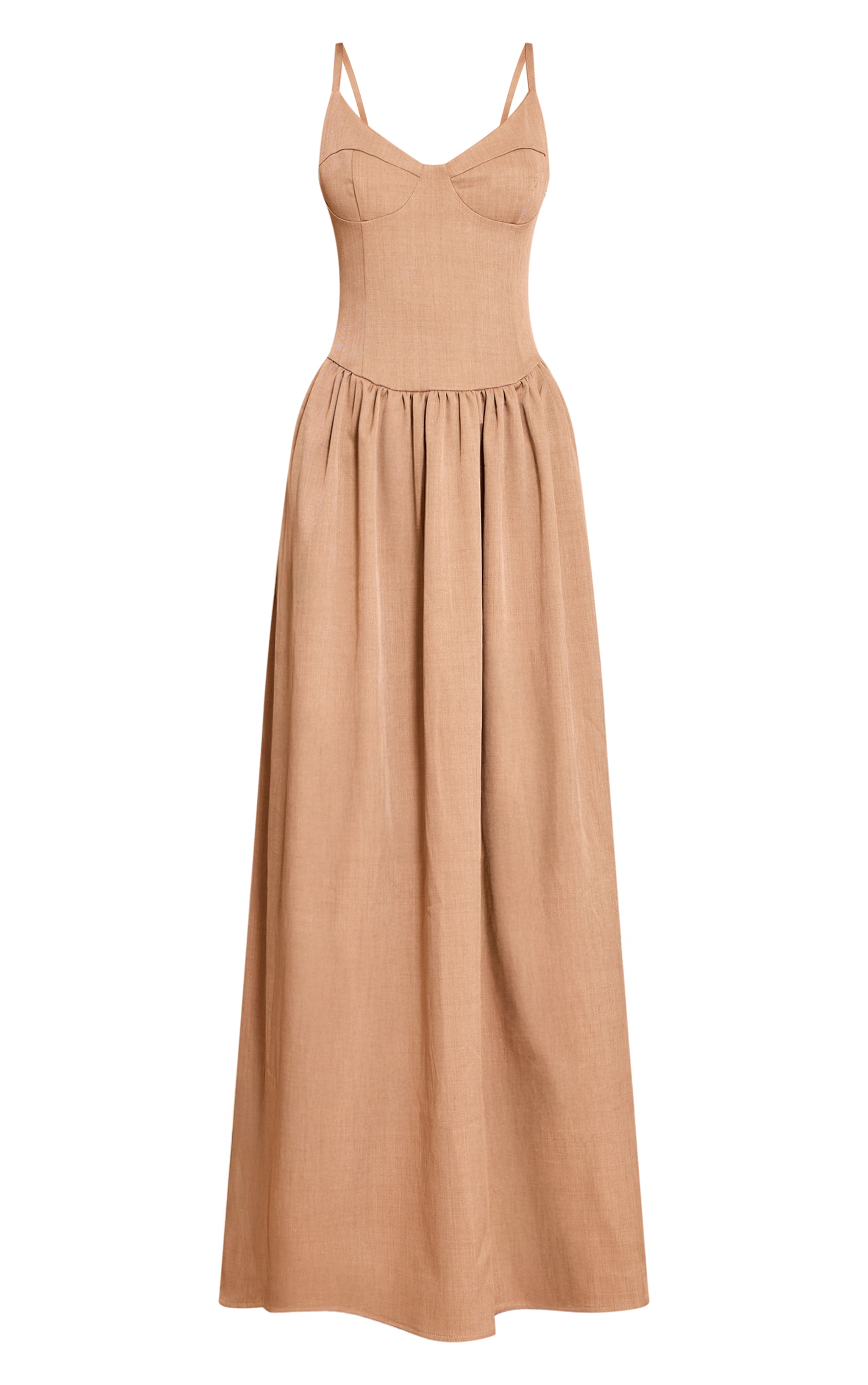 Robe longue tissée taupe à bretelles fines et détails sur le buste image 5