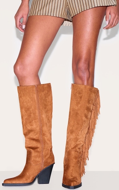 Bottes hautes pointues en suédine marron clair à talon haut carré et franges