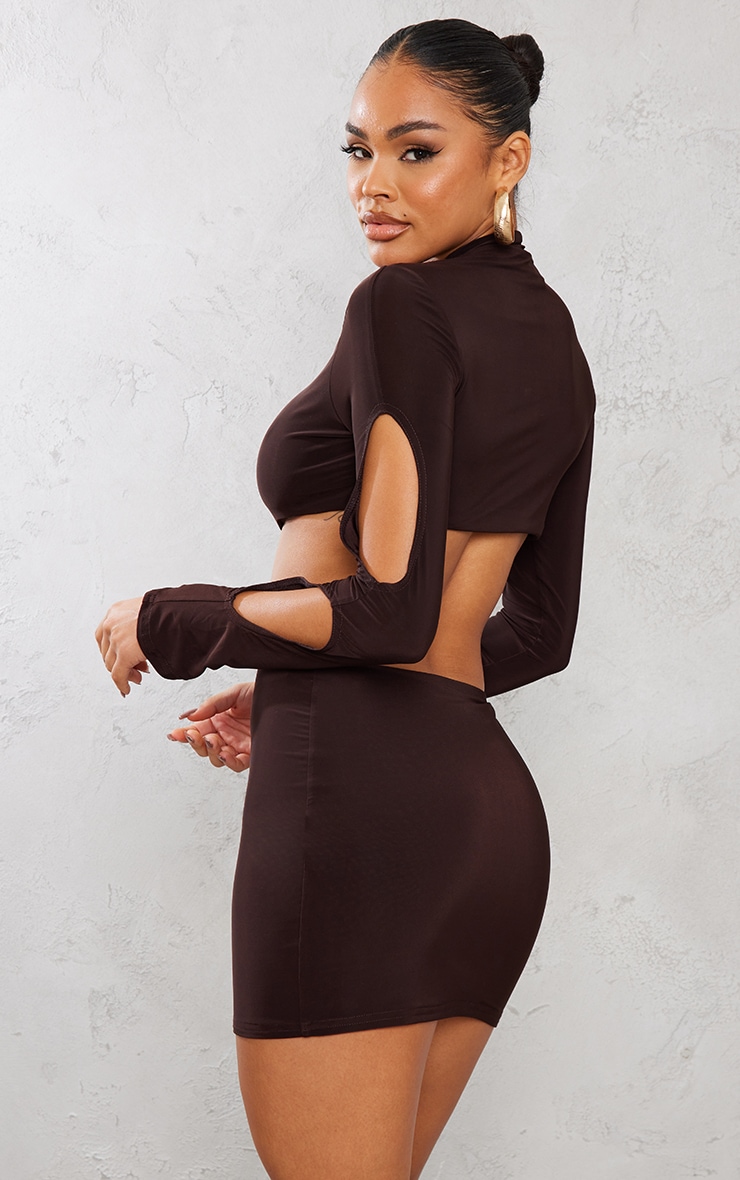 Chocolate Slinky Cut Out High Neck Long Sleeve Bodycon Dress image 2