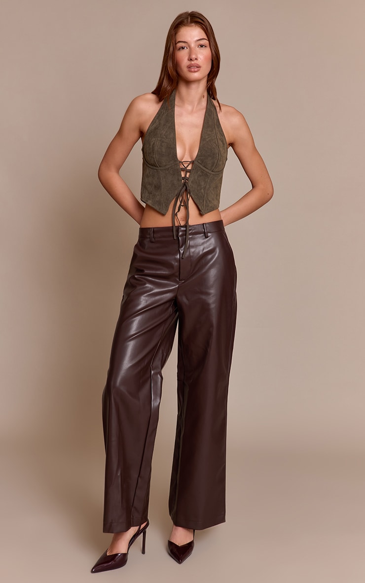 Dark Khaki Faux Suede Lace Up Plunge Halterneck Top image 3
