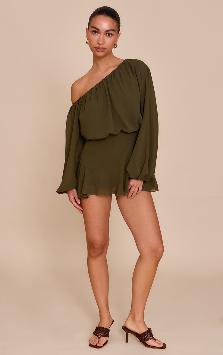Dark Olive Chiffon One Shoulder Floaty Detail Skort Playsuit image 3