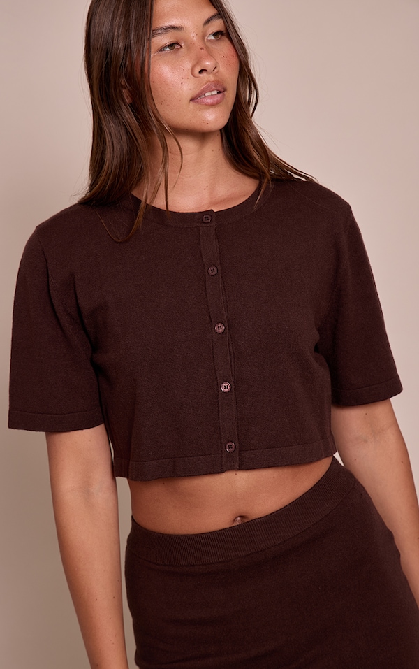 Chocolate Short Sleeve Button Through Fine Knit Top