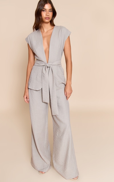 Taupe Textured Tie Waist Jumpsuit