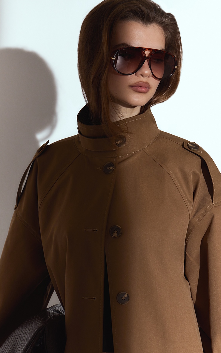 Camel Funnel Neck Maxi Trench Coat image 4