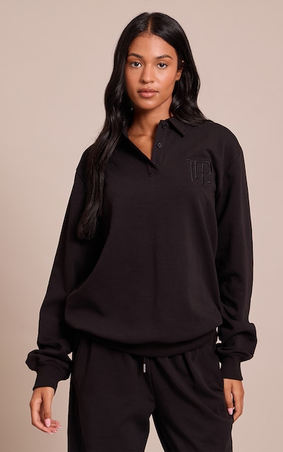 Tall Black Embroidered Interlock Button Polo Sweatshirt