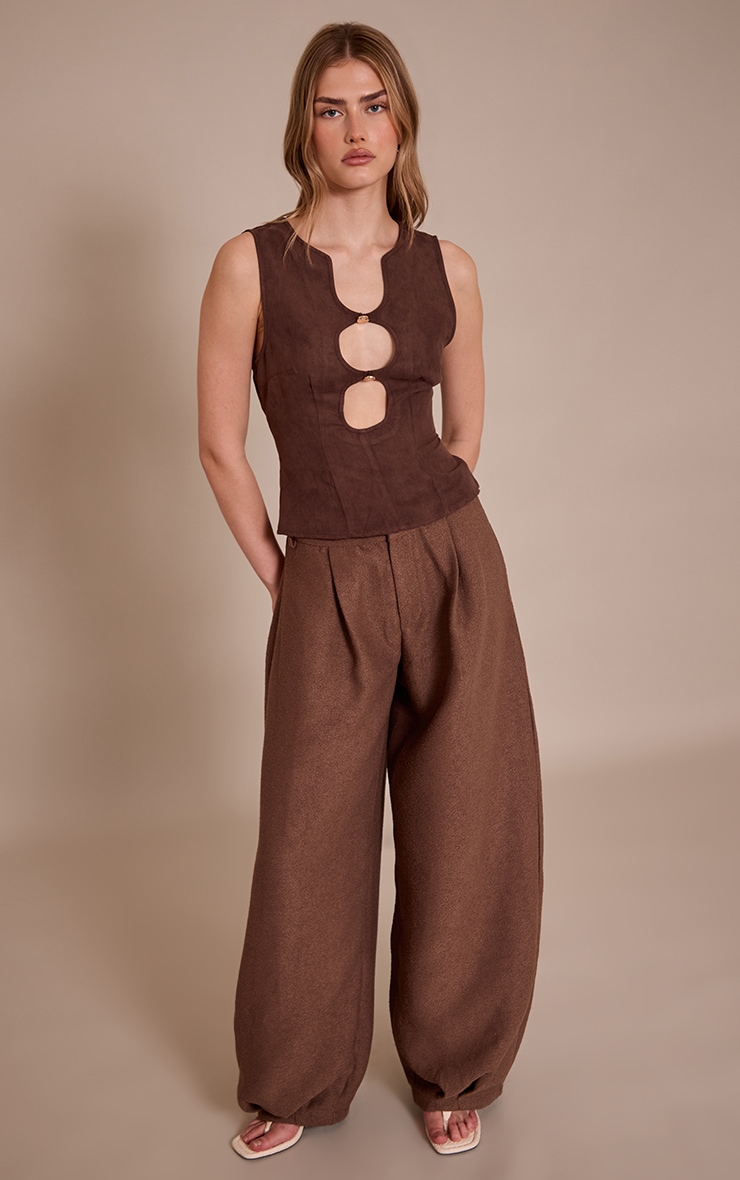 Brown Faux Suede Fitted Cut Out Long Top image 3