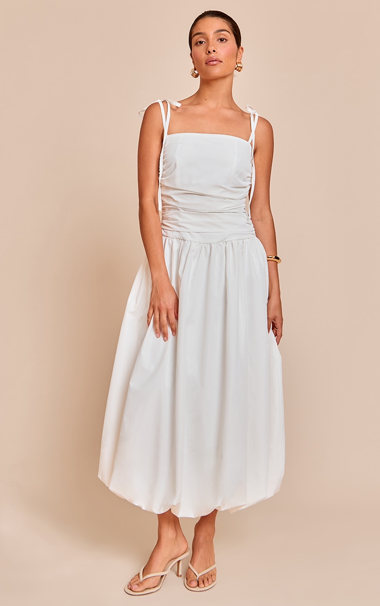 Petite White Spaghetti Strap Puff Midi Dress image 1
