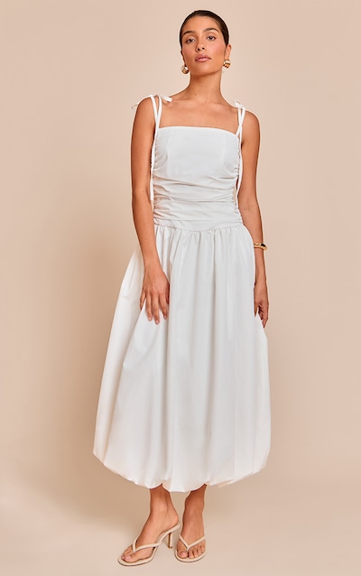 Petite White Spaghetti Strap Puff Midi Dress
