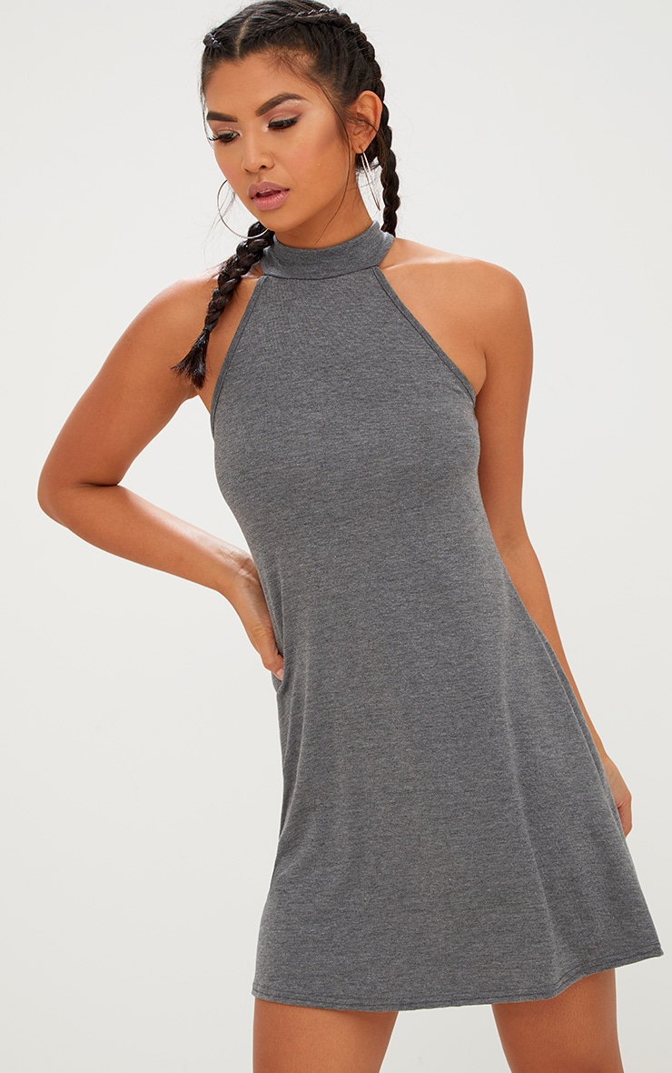 Charcoal Jersey High Neck Swing Dress. Dresses PrettyLittleThing